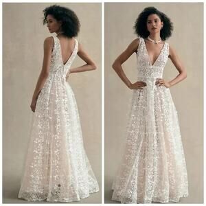 Bronx & Banco Megan Lace Maxi Dress Small White Floral Sheer Boho Bridal Gown